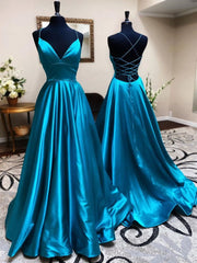 A Line V Neck Backless Satin Prom Dress Open Back Blue Formal Evening Dress