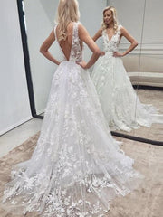 A Line V Neck Backless White Lace Wedding Dress Open Back