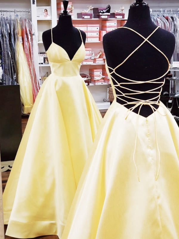 A Line V Neck Yellow Satin Prom Dress with Cross Back Backless Evening Dress