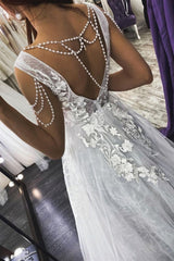 A Line V Neck Beaded Ivory Lace Wedding Dress Open Back