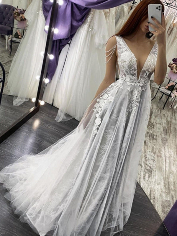 A Line V Neck Beaded Ivory Lace Wedding Dress Open Back