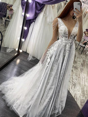 A Line V Neck Beaded Ivory Lace Wedding Dress Open Back