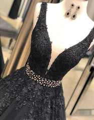A Line V Neck Black Lace Long Evening Dress Sleeveless Formal Dress
