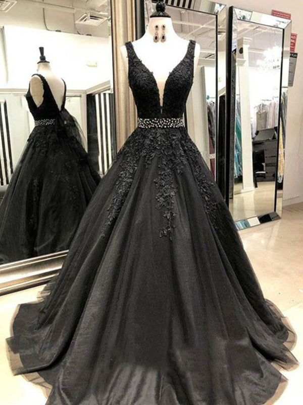 A Line V Neck Black Lace Long Evening Dress Sleeveless Formal Dress