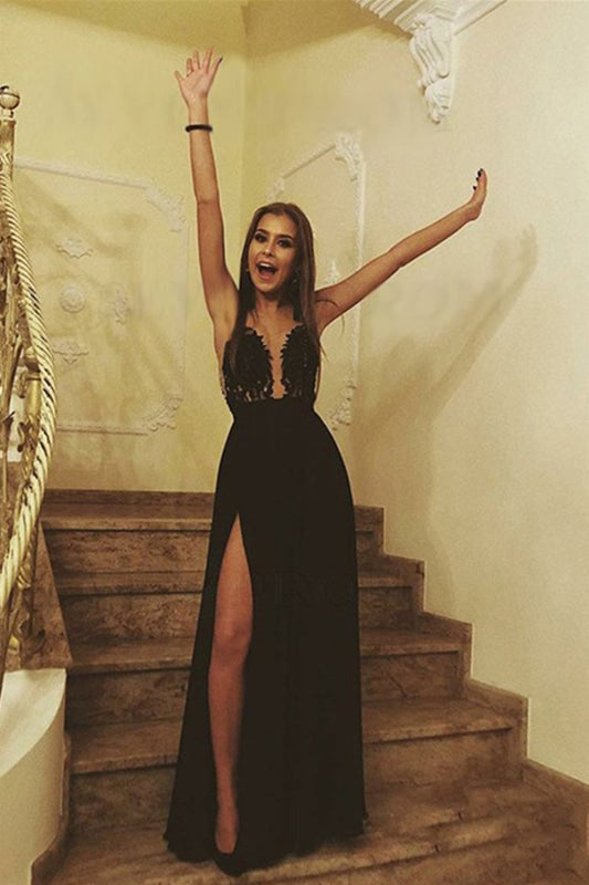 A Line V Neck Black Lace Long Prom with Side Slit Black Lace Formal Evening