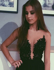 A Line V Neck Black Lace Long Prom with Side Slit Black Lace Formal Evening