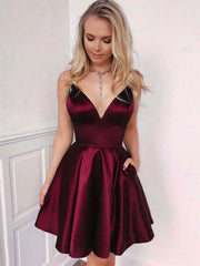 A Line V Neck Burgundy Satin Homecoming Dress Short Prom Dress with Pockets