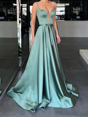 A Line V Neck Green Satin Long Prom Dresses, V Neck Green Formal Graduation Evening Dresses