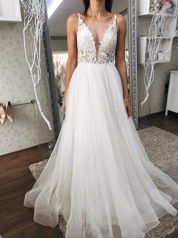 A Line V Neck Ivory White Lace Wedding Dresses