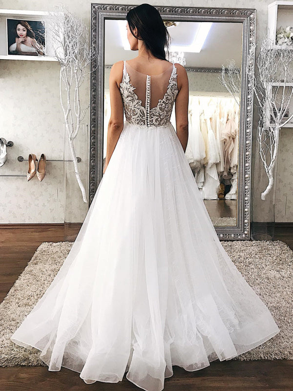 A Line V Neck Ivory White Lace Wedding Dresses