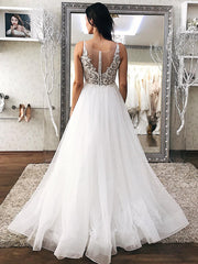 A Line V Neck Ivory White Lace Wedding Dresses