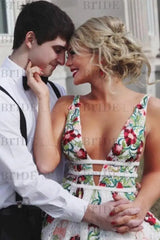 A Line V Neck Ivory Lace Prom Dress Flowers Evening Dresses with Appliques