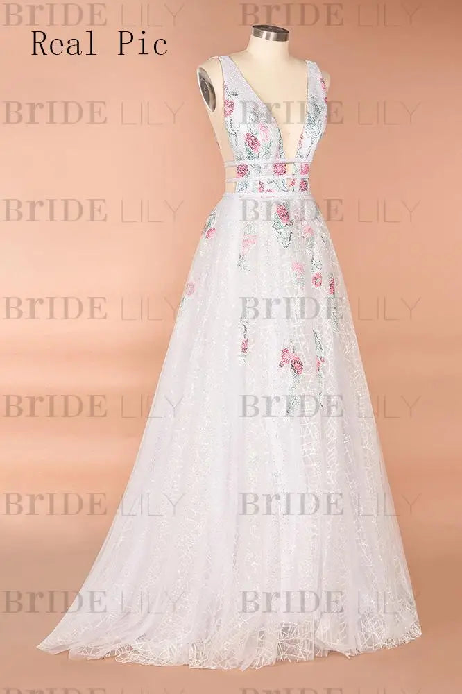 A Line V Neck Ivory Lace Prom Dress Flowers Evening Dresses with Appliques
