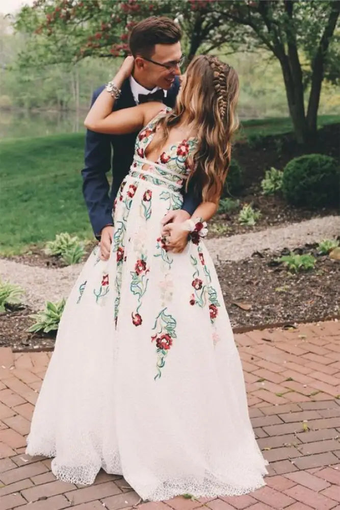 A Line V Neck Ivory Lace Prom Dress Flowers Evening Dresses with Appliques