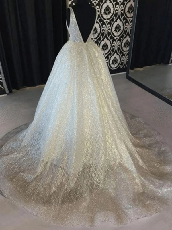 A Line V Neck Ivory Lace Wedding Dress Ivory V Neck Lace Prom Formal Dress