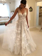 A Line V Neck Lace Appliques White Wedding Dress Sleeveless