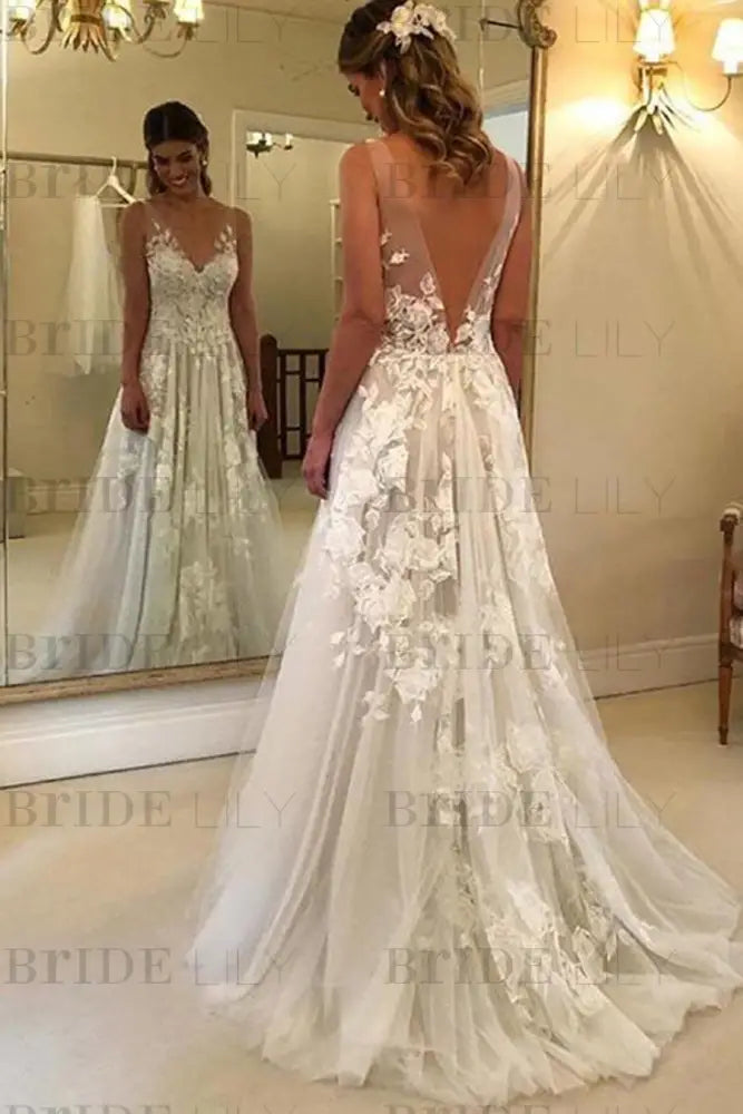 A Line V Neck Lace Appliques White Wedding Dress Sleeveless