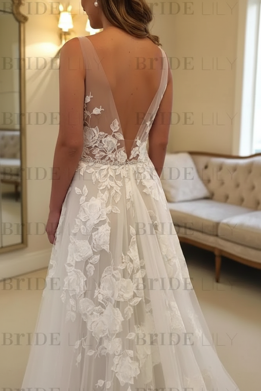 A Line V Neck Lace Appliques White Wedding Dress Sleeveless