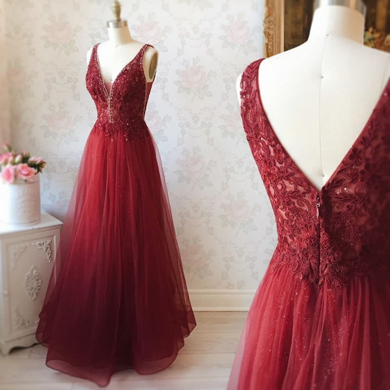 A Line V Neck Lace Burgundy Tulle Long Prom, V Neck Burgundy Lace Formal, Burgundy Lace Evening