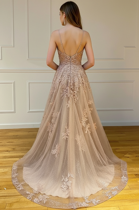 A Line V Neck Lace Champagne Long Prom Dress Spaghetti Straps Formal Graduation Evening Dress