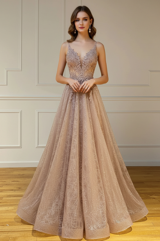 A Line V Neck Lace Champagne Long Prom Dress Spaghetti Straps Formal Graduation Evening Dress