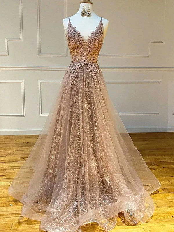 A Line V Neck Lace Champagne Long Prom Dress Spaghetti Straps Formal Graduation Evening Dress