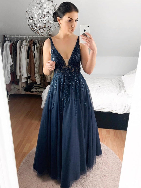 A Line V Neck Lace Navy Blue Long Prom, Navy Blue Lace Formal, Navy Blue Evening