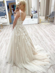 A Line V Neck Light Champagne Lace Long Prom, Light Champagne Lace Formal, Champagne Evening