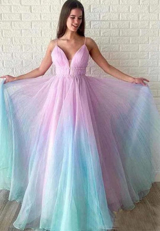 A Line V Neck Ombre Long Prom Dress Multi Color Formal Evening Dress