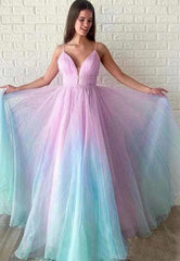 A Line V Neck Ombre Long Prom Dress Multi Color Formal Evening Dress