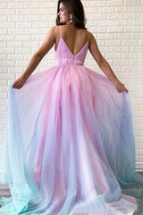 A Line V Neck Ombre Long Prom Dress Multi Color Formal Evening Dress