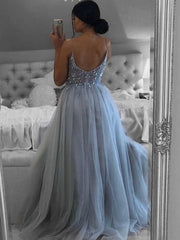 A Line V Neck Open Back Beaded Long Prom Dress Backless Gray Formal Dress