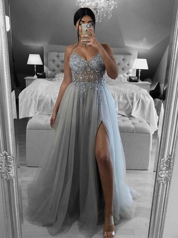 A Line V Neck Open Back Beaded Long Prom Dress Backless Gray Formal Dress