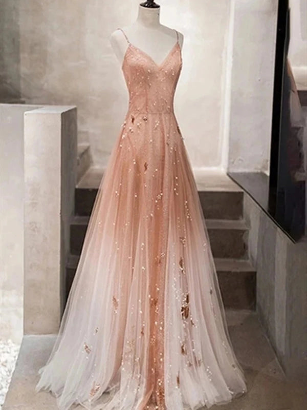 A Line V Neck Open Back Prom Dress Champagne Tulle Beaded Long Evening Dress
