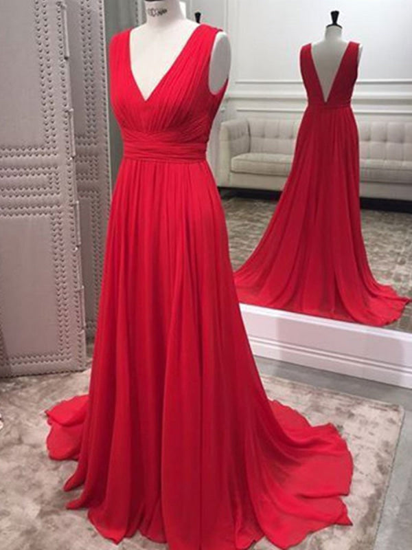 A Line V Neck Open Back Ruffles Chiffon Red Prom Dress V Neck Backless Evening Dress