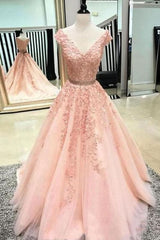 A Line V Neck Evening Dress Lace Appliques Tulle Party Dress with Beading