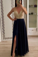 A Line V Neck Prom with Rhinestones and Beading Sparkly Flowy Formal Dress