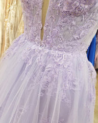 A Line V Neck Purple Lace Long Prom, Lilac Lace Long Formal Evening