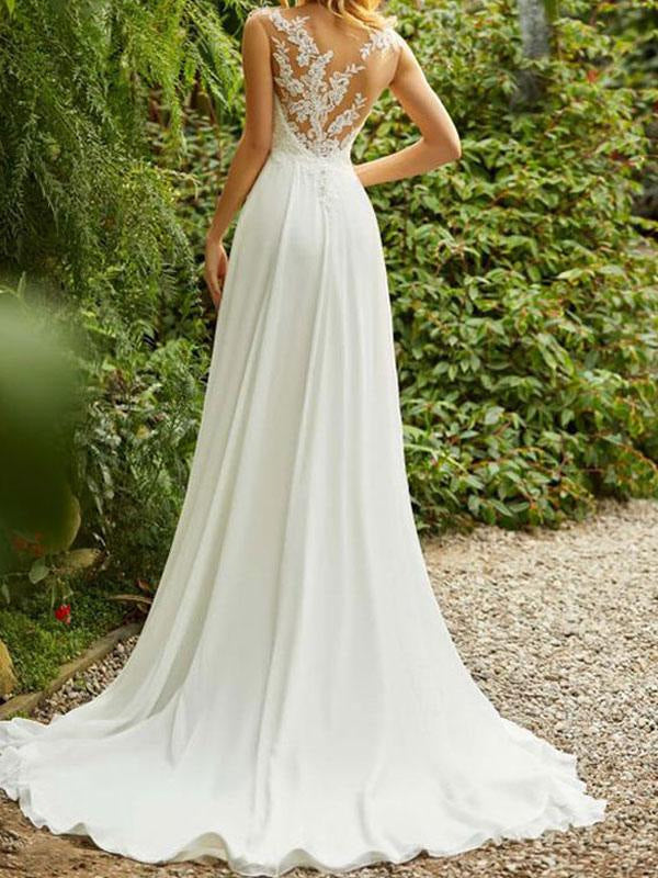 A Line V Neck Simple Wedding Dresses Chiffon Sleeveless Lace Beaded Bridal Gowns With Train