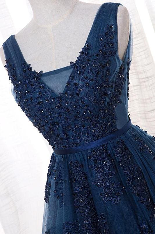 A Line V Neck Sleeveless Appliques Prom with Beads Floor Length Tulle Evening Dress