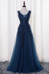 A Line V Neck Sleeveless Appliques Prom with Beads Floor Length Tulle Evening Dress