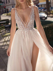 A Line V Neck Sleeveless Beaded Court Train Front Split Tulle Bridal Gowns