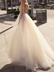 A Line V Neck Sleeveless Beaded Court Train Front Split Tulle Bridal Gowns