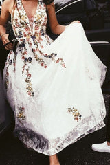 A Line V Neck Sleeveless Prom Dress with Appliques Party Dresses