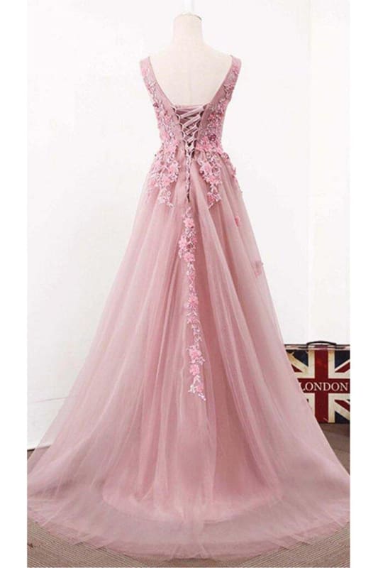 A Line V Neck Sleeveless Tulle Long with Flowers Party Prom Dress