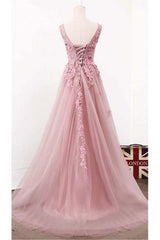A Line V Neck Sleeveless Tulle Long with Flowers Party Prom Dress