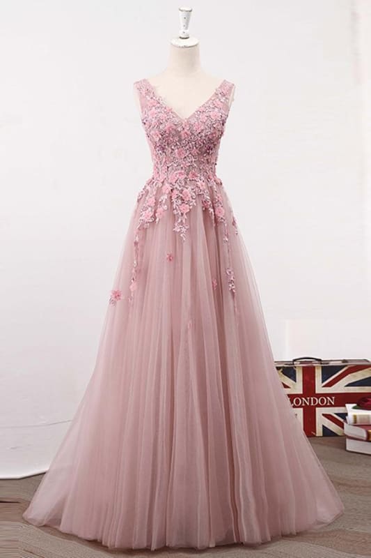 A Line V Neck Sleeveless Tulle Long with Flowers Party Prom Dress