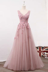 A Line V Neck Sleeveless Tulle Long with Flowers Party Prom Dress