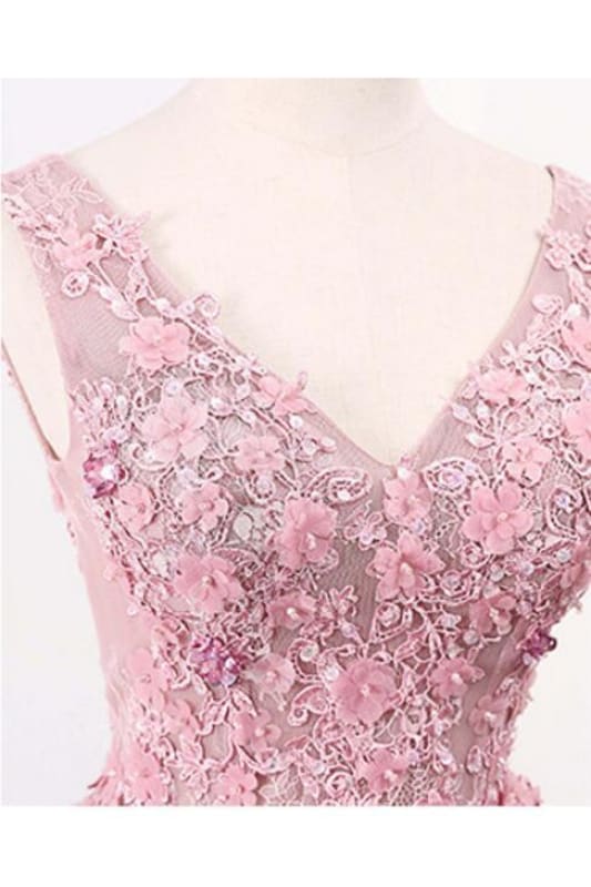 A Line V Neck Sleeveless Tulle Long with Flowers Party Prom Dress