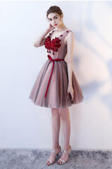 A Line V Neck Sleeveless Tulle Short Homecoming Dress with Flowers